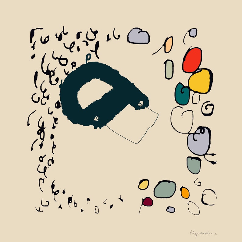 May include: Abstract art painting with a dark blue shape, black scribbles, and colorful circles and ovals on a beige background.