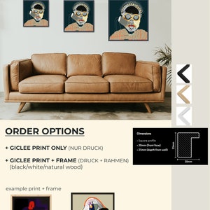 May include: A digital art print of a colourful portrait featuring a person wearing glasses and a hat. The print is available in three sizes: 12x12 inches, 16x16 inches, and 20x20 inches. The print can be purchased with or without a frame.