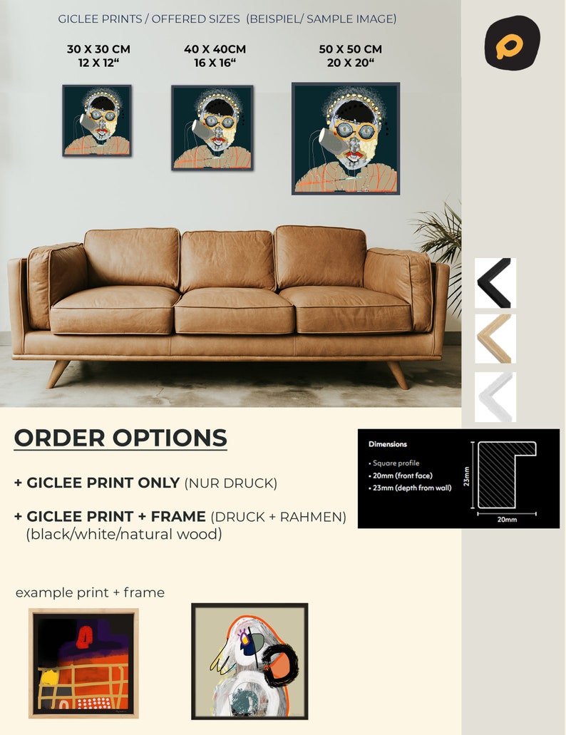May include: A digital art print of a colourful portrait featuring a person wearing glasses and a hat. The print is available in three sizes: 12x12 inches, 16x16 inches, and 20x20 inches. The print can be purchased with or without a frame.