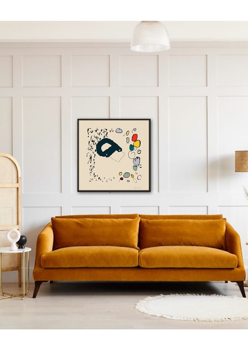 May include: A framed abstract art print with black lines, colorful circles, and the text "Sigmund" in the bottom right corner.