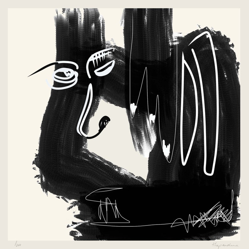 May include: Black and white abstract art print with a stylized face and lines. The print has a textured look and is signed in the bottom right corner.