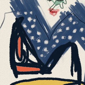 May include: Abstract painting with a blue and white patterned design, a red lip, and a green leafy shape. The painting is on a cream background.