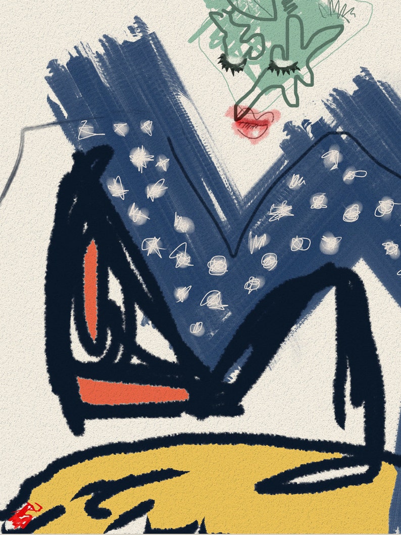 May include: Abstract painting with a blue and white patterned design, a red lip, and a green leafy shape. The painting is on a cream background.