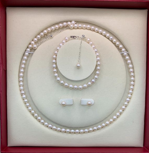 Freshwater Pearl Jewelry Set | 5.5-6.5mm Pearls, Sterling Silver Necklace, Bracelet, Earrings