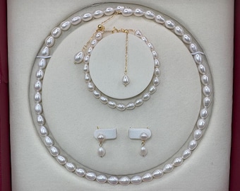 Freshwater Rice Pearl Jewelry Set – Gold Plated Sterling Silver Necklace, Bracelet, Earrings