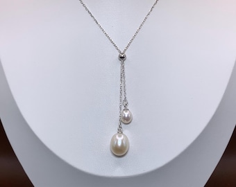 Adjustable Sterling Silver Lariat Necklace with 6 mm & 9.2 mm Freshwater Pearls – 18”
