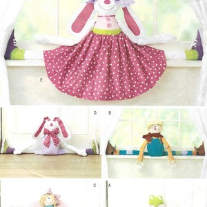 May include: Butterick Soft Stuff sewing pattern featuring several fabric dolls. The dolls include a bunny with a pink polka dot dress, a bunny with a pink bow, a scarecrow, a fairy, and a frog. The pattern is one size.