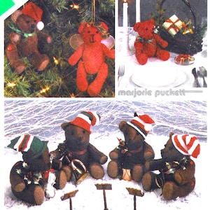 May include: A collection of handmade Christmas teddy bear ornaments and decorations. The bears are brown and red, some wearing Santa hats and angel wings. One bear is an ornament, and others are posed on a table setting and in a snowy scene.