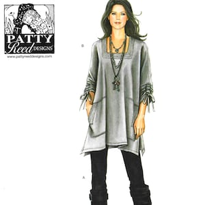 May include: Simplicity sewing pattern 1543A featuring a woman in a gray tunic with pockets, black leggings, and boots. The pattern includes sizes XXS-XXL. The Patty Reed Designs logo is visible.