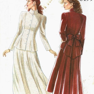 May include: Illustration of two women modeling vintage suits. One suit is cream-colored with a dotted pattern, the other is a deep red. The suits feature high collars, button-down jackets, and long skirts. The text "NEW LOOK" and "6199" are visible.