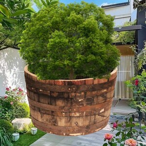 Wine barrel shaped planter - Whiskey Barrel Planter – Rustic Outdoor Garden Pot (15"H x 25"W x 25"L)