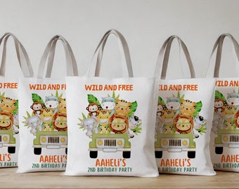 Safari Animal theme Tote bags, Safari birthday party Goodies bags, Personalized with name, Safari treat bags, wild jungle animal party bags