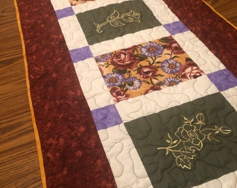 Long Quilted Table Runner, Floral Table runner, Rose table runner