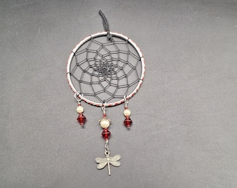 Dreamcatcher red and black with dragonfly charm, ring is about 2.5" or 7cm diameter for wall or window or car