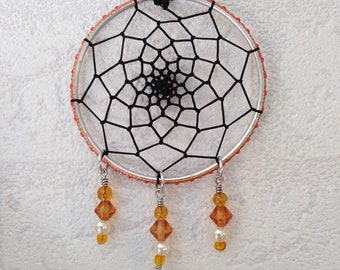 Dreamcatcher orange and black with clock charm ring is about 3" or 7.5cm diameter for wall or window or car