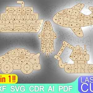 5 in 1 Wooden Alphabet Puzzle  Laser cut files SVG DXF CDR vector plans, cnc pattern, cnc cut, Glowforge laser laser cut