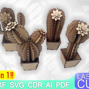 5 Cactus svg. Laser cut bestanden SVG, DXF, CDR vector plannen, laserbestand, cnc patroon, cnc cut, laser cut, cnc route bestand, CNC-bestand