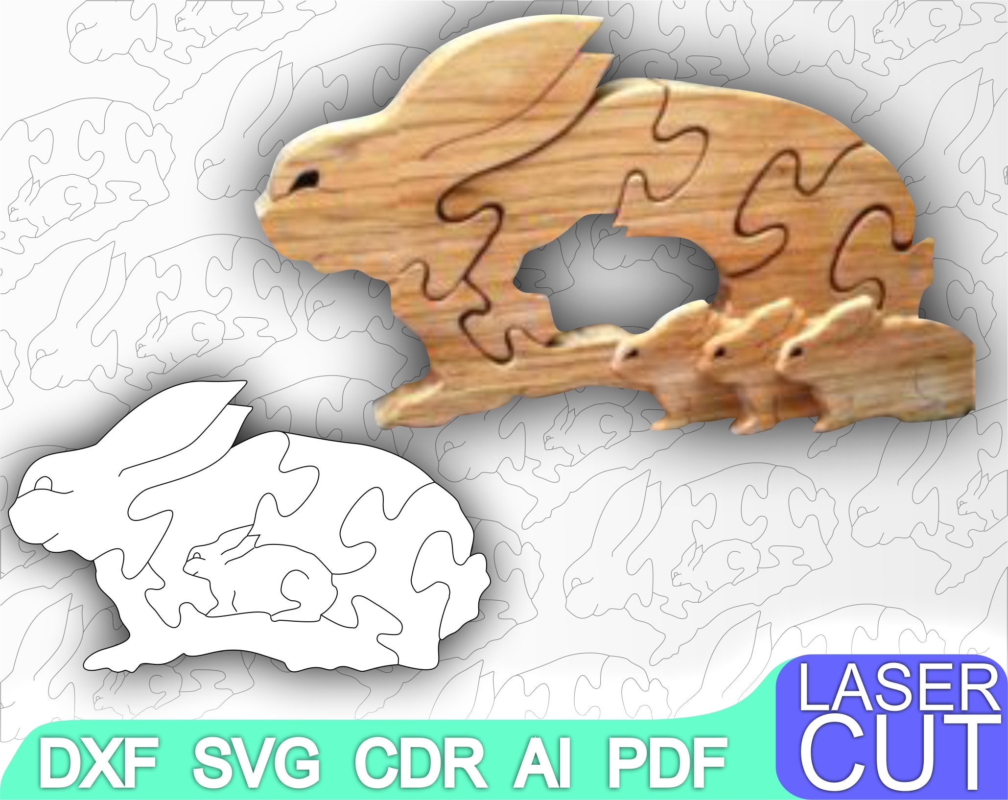 Download Wooden Bunny Puzzles Animals Puzzle Laser Cut Files Svg Dxf Etsy