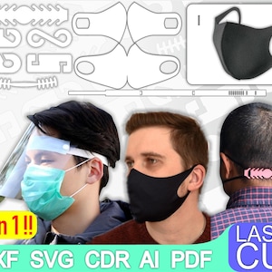 6 Ear Savers, 2 Face mask, 1 Face Shield, Laser Cut, CNC Cutting, CNC Router, Digital, Vector Files, Instant Download, Dxf, Cdr, Pdf, Svg