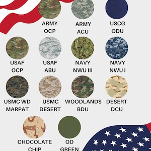 Op de afbeelding: Een overzicht met veertien ronde stofstalen met diverse militaire camouflagepatronen, waaronder Army OCP, Army ACU, USCG ODU, USAF OCP, USAF ABU, Navy NWU III, Navy NWU I, USMC WD MARPAT, USMC Desert, Woodlands BDU, Desert DCU, Chocolate Chip en OD Green.