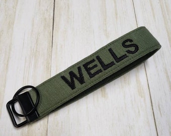 OD Green Personalized Name Tape, Key Fob Chain, military key chain wristlet, Veteran key chain, Veteran wife gift, OD green key fob