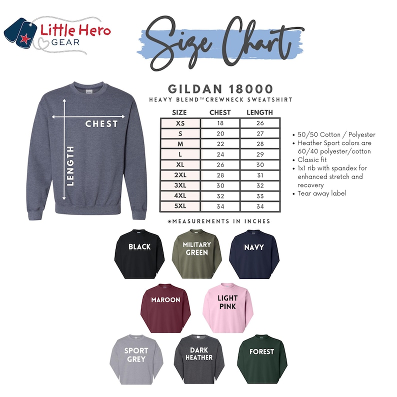 Op de afbeelding: Een maattabel voor het Gildan 18000 sweater met ronde hals, inclusief een afbeelding van een donkergrijze gem&ecirc;leerde sweater. Bevat een tabel met borst- en lengtematen in inches voor de maten XS tot 5XL, en kleurstalen gelabeld als zwart, militair groen, marineblauw, bordeauxrood, lichtroze, sportgrijs, donker gem&ecirc;leerd en bosgroen.