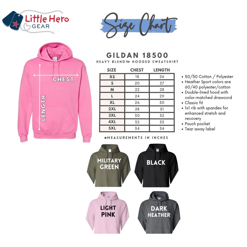 Op de afbeelding: Een roze hoodie met een buidelzak en trekkoord, vergezeld van een maattabel voor het Gildan 18500-model. De tabel toont borst- en lengtematen in inches voor de maten XS tot 5XL, samen met stofeigenschappen en beschikbare kleuropties.