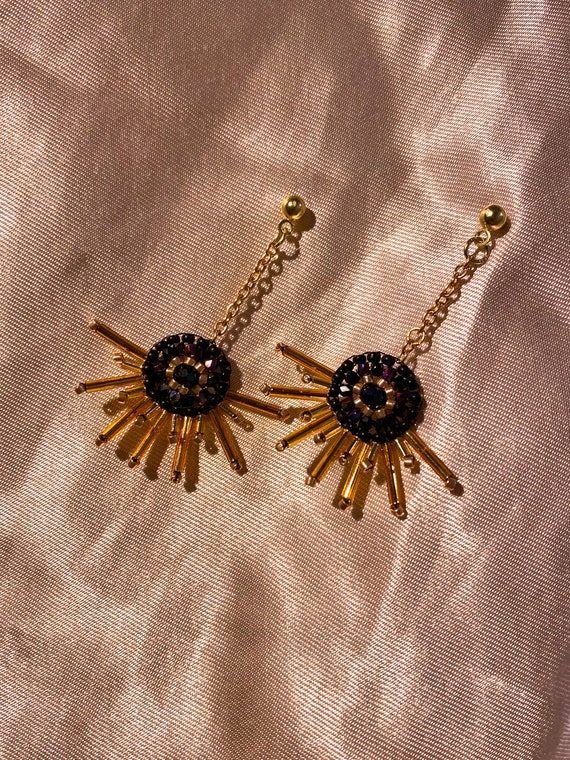 SWAY- Gold & Black Beaded Sun Earrings on Chain