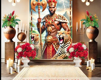 SHANGO (Nº 16)/Paneles para trono de SHANGO. Paneles de pared. Paneles Orishas para decorar/Tamaño de 100 pulgadas  57 pulgadas/Satin grueso
