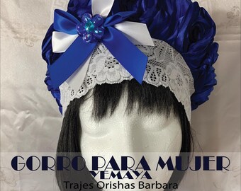 YEMAYA/Gorro para mujer/Gorros de Santo/Gorros Orisha/Accesorios: Gorros con tela brocada de flores a relieve con banda elastizada y adorno.