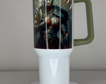 May include: A white insulated tumbler with a handle and a clear lid featuring a straw. The exterior displays a graphic illustration of a warrior with dark skin, tribal facial markings, and ornate armor. The base is white with text reading CW/OFF/CCW and DC-5V.