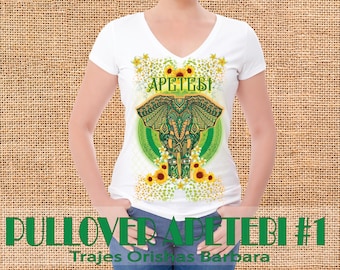 ORULA ORUNMILA/Camiseta de mujer/Manga corta/Pullover blanco con imagen estampada   por sublimación/Composición/Tacto seda/Made in Miami