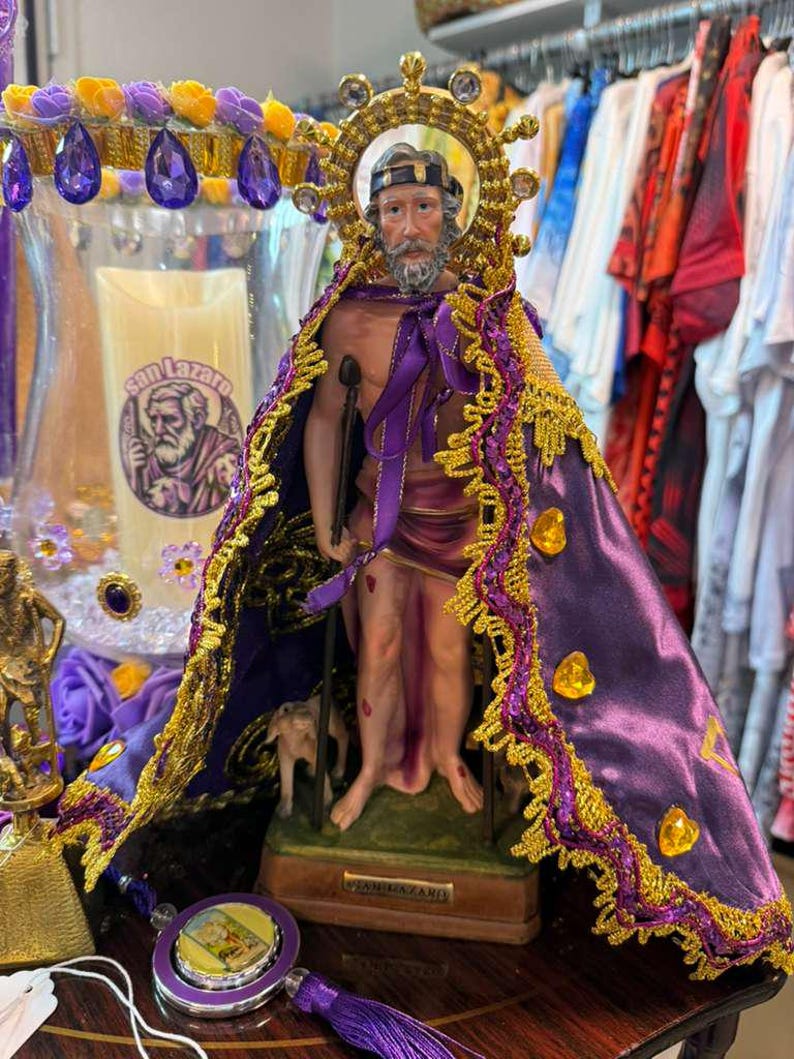 SAN LAZARO/San Lázaro/Estatua de yeso de 33" de alto con capa de arpillera decorada por sublimación con caracoles y pedrería/Miami/Hialeah 12"