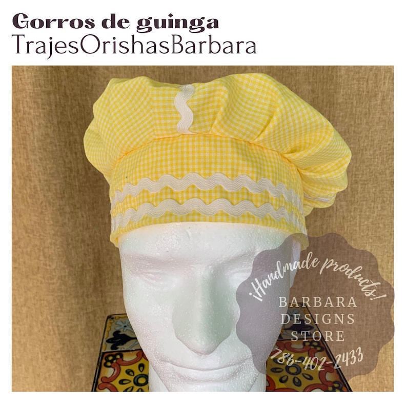 May include: Yellow gingham chef's hat with white scalloped trim. The hat is on a white mannequin head. The text "!Handmade products! Barbara Designs Store 786-402-2433" is visible in the image.