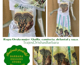 Apetebi Orula/Ropa de APETEBI. Conjuntos para Apetebi de: Quilla, delantal, camiseta de manga corta y saya para mujer