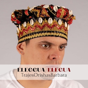 ELEGUA Majestic/Gorro de santo/Orisha/Satín brocado “Rhinestones”, con apliques de cristal/piedras decorativas/caracoles/TrajeOrishasBarbara