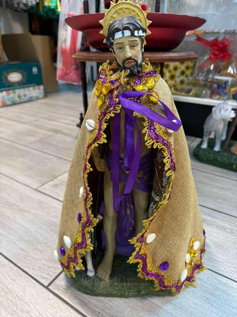 SAN LAZARO/San Lázaro/Estatua de yeso de 33" de alto con capa de arpillera decorada por sublimación con caracoles y pedrería/Miami/Hialeah 18"
