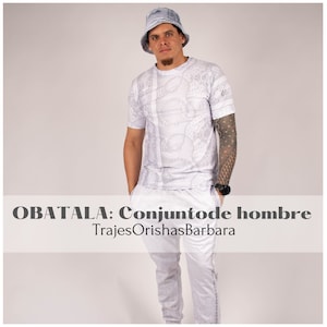 May include: White t-shirt and matching pants with a white and gray patterned design. The text "OBATALA: Conjunto de hombre" and "Trajes Orishas Barbara" is printed on the bottom of the image.