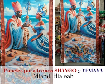 May include: Two colorful panels depicting a king and queen in a beach setting. The panels are for thrones and feature the text "Paneles para tronos SHANGO y YEMAYA Miami. Hialeah".