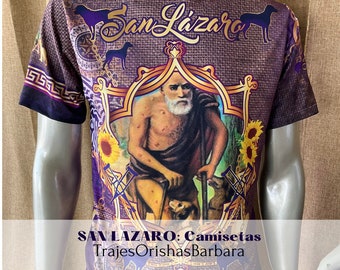 SAN LAZARO/Babalu Aye Camiseta de hombre/Manga corta/Edo full print por sublimación/Composición 96 Poliéster, 4 Spandex/Tacto seda/Miami.