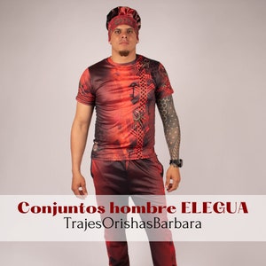 Könnte beinhalten: Ein rot-schwarzes, gemustertes Outfit mit einer passenden roten Mütze. Die Mütze trägt die Aufschrift "Eleggua". Das Outfit ist mit "Conjuntos hombre ELEGGUA TrajesOrishasBarbara" gekennzeichnet.