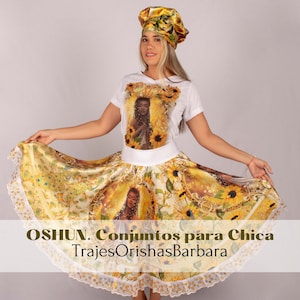 OSHUN Niña bonita/Set para mujer: Pañuelo de cabeza/Gorro/Camiseta y Saya/ Estampado con motivos de OSHUN/sublimación/Full print/Miami