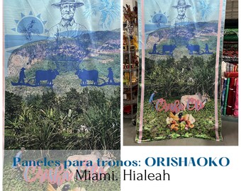 May include: A blue and white fabric panel depicting a man ploughing a field with two oxen. The panel has a pink border and the text "ORISHAOKO Miami. Hialeah" at the bottom. The panel is for a throne.