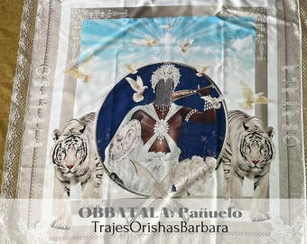 OBBATALA Tigres pañuelo/Obatala handkerchief/Pañuelo Orisha/Tamaño 45 por 45 pulgadas full print en satén estampado en sublimación.