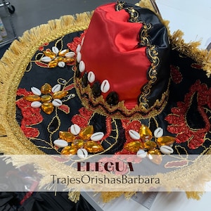 ELEGUA / Sombrero für Elegua / Sombrero de Guano für Rado und Satin zweifarbiger Brocado schmücken mit Flecos und Karamellen / TrajesOrishasBarbara / Hialeah