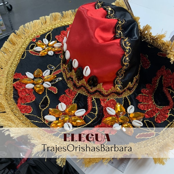 ELEGUA/Sombrero para Elegua/Sombrero de guano forrado en satin bicolor brocado adornado con flecos y caracoles/TrajesOrishasBarbara/ Hialeah