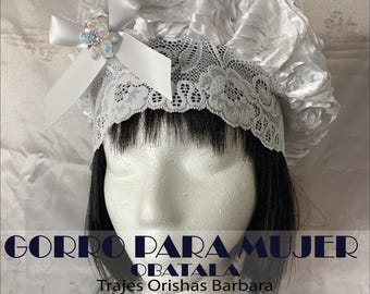 OBATALA/Gorro para mujer/Gorros de Santo/Gorros Orisha/Accesorios: Gorros con tela brocada de flores a relieve con banda elastizada y adorno