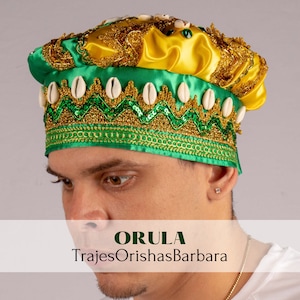 ORULA Gorro LUXURY/Gorro de santo/Orisha/Satín brocado « Strass », con apliques de cristal/piedras decorativas/caracoles/Miami