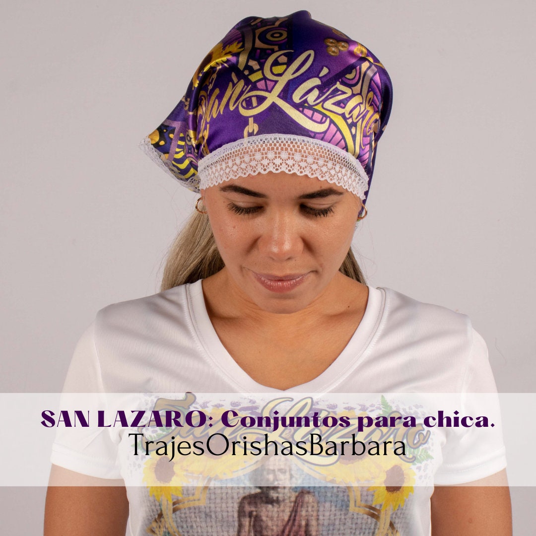 SAN LAZARO Ensemble Saya corta/Set San Lázaro : Pañuelo de cabeza, camiseta y saya en Edo « Full print »/Estampado por sublimación/Miami.