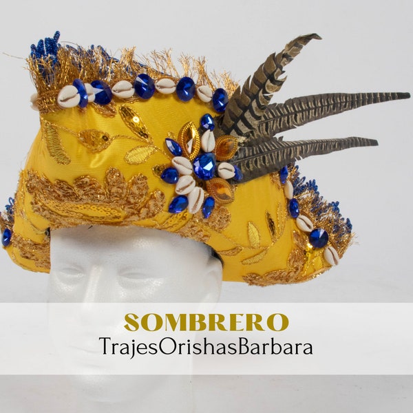 OSHOSI/ Sombrero para Oshosi/Sombrero de guano forrado en satin brocado adornado con plumas/TrajesOrishasBarbara/ Hialeah/Miami.